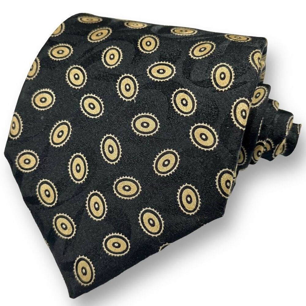 ERMENEGILDO ZEGNA EUC Men’s Vintage Black Geometric Medallion 100% Silk Tie